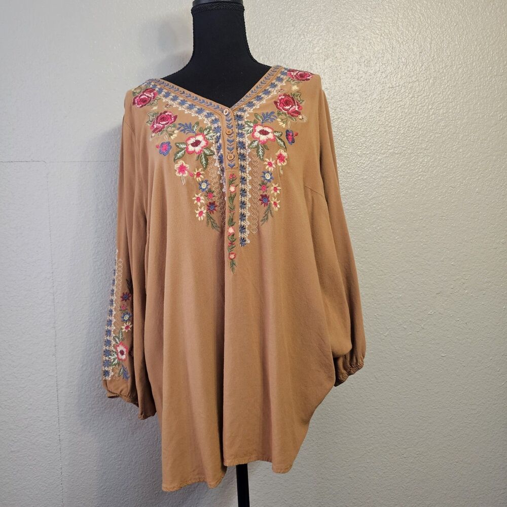 Embroidered Boho Tunic Top - Tan with Floral Embroidery Excellent Condition
